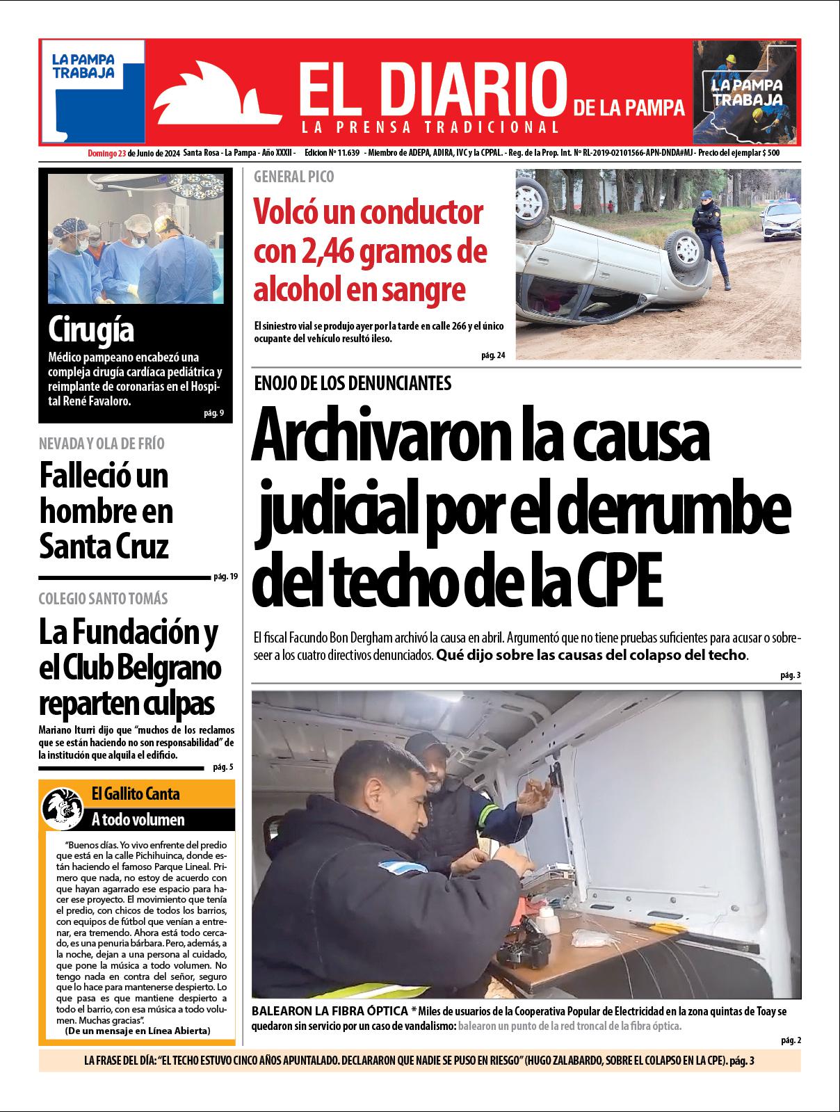 Tapa de El Diario en papel  domingo 23 de junio de 2024